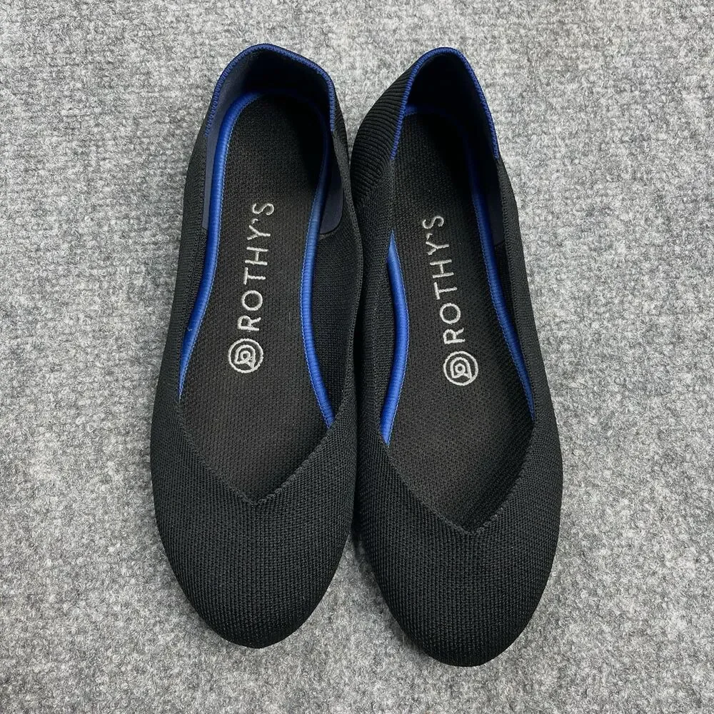 Rothys The Loafer Black Knit Flats Shoes Womens Size 7 Royal Blue Trim - Picture 1 of 7